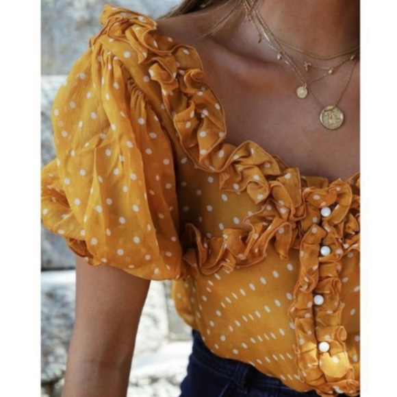 Sezane NWT Wood Top in Yellow with Polka Dot Print - Picture 3 of 15